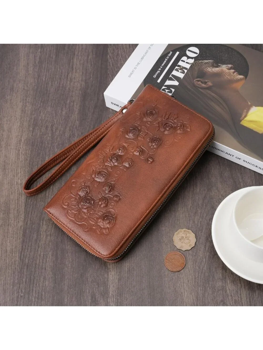 Large Capacity Floral Embossed Vegan Leather Wallet Clutch with RFID & Wristlet